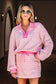 Pink Stripe Collared V-Neck Drop Shoulder Pullover and Skort Two Piece Set