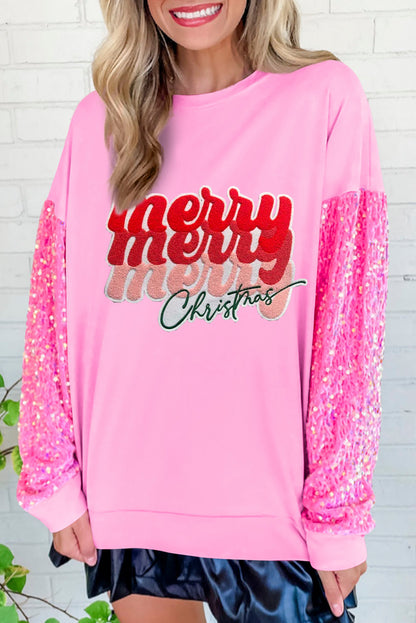 Pink Merry Christmas Graphic Sequin Sleeve Patchwork Top