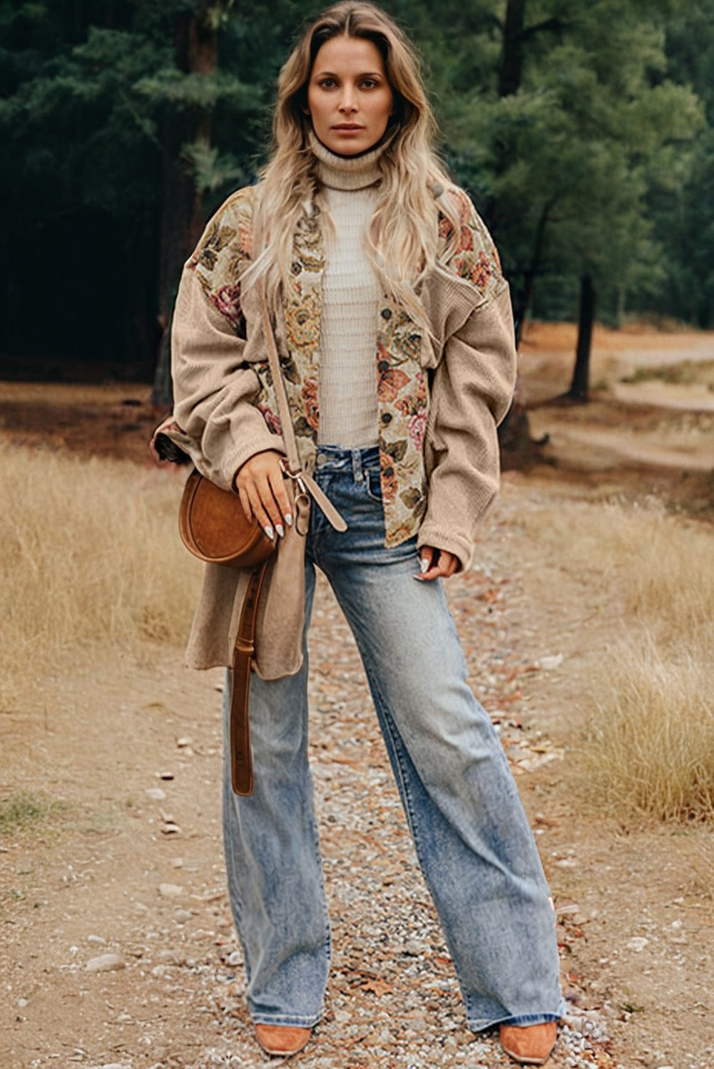 Floral Waffle Knit Patchwork Chest Pockets Buttoned Jacket