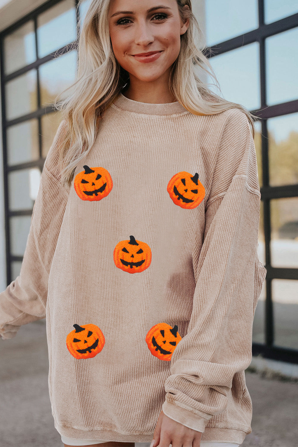 Twisted Rib Chenille Halloween Pumpkin Patched Graphic Sweatshirt