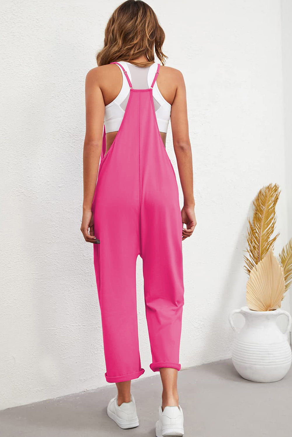 Rose Red Pocketed Adjustable Spaghetti Strap Straight Leg Jumpsuit