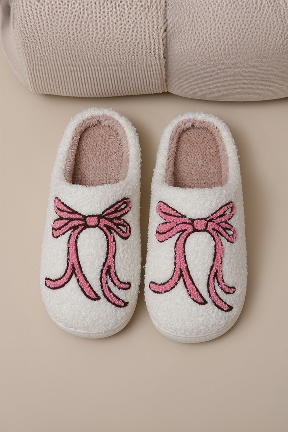 White Bow Knot Fuzzy Winter Slippers