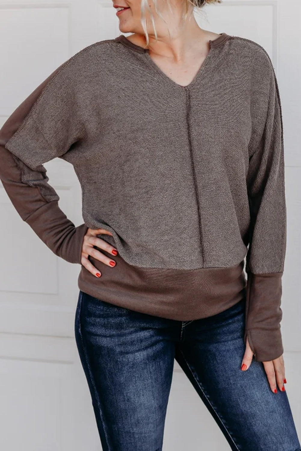 Brown Patchwork Split V Neck Thumblehole Sleeve Top