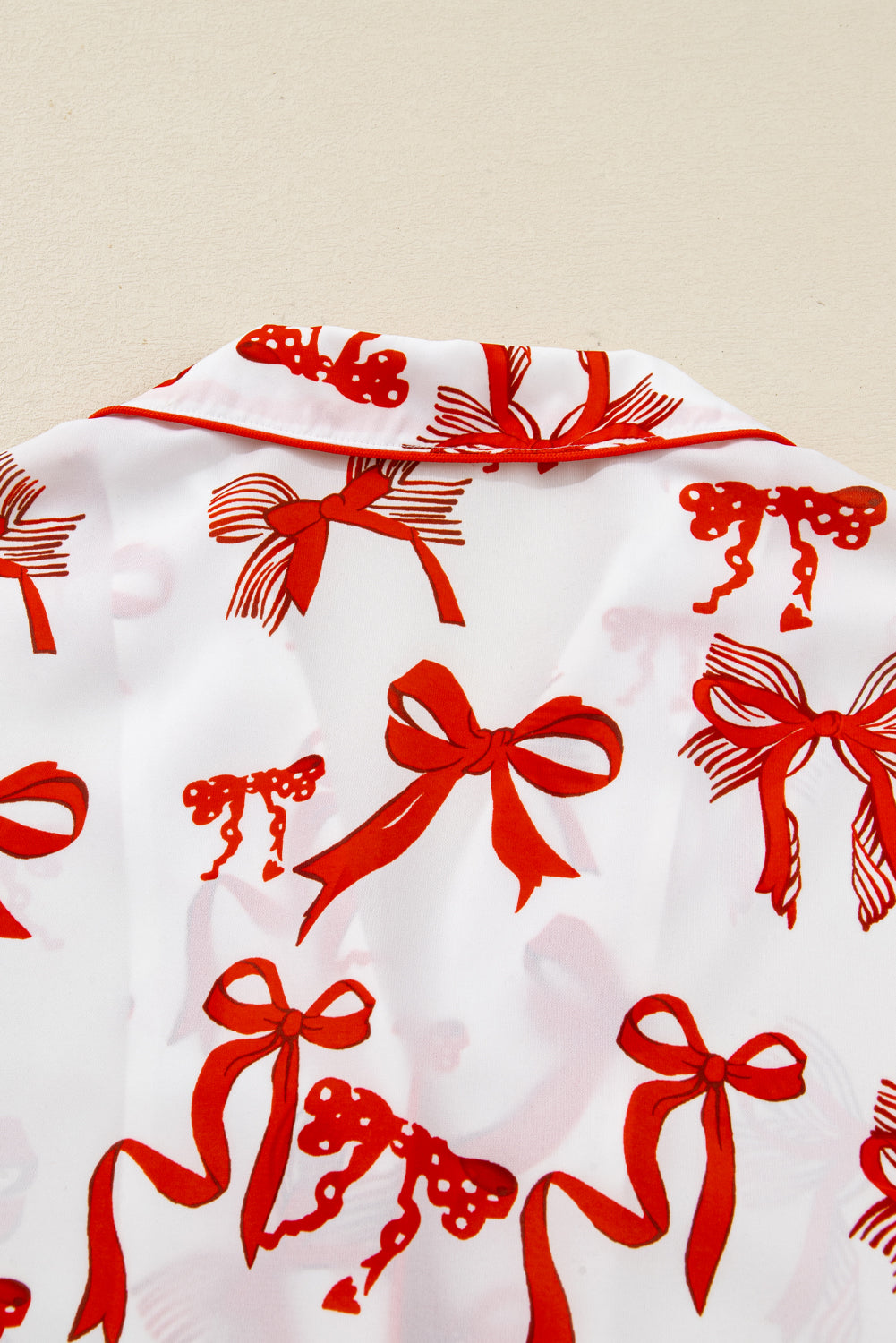 Red Christmas Bow Print Long Sleeve Two Piece Pajama Set