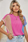 Apricot Pink Colorblock Crinkle Rib Round Neck T Shirt