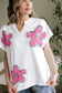 White Floral Applique Notched V-Neck Dolman Sleeve Top