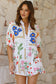 White Floral Print Split Neck Pocketed Shirt Collar Romper