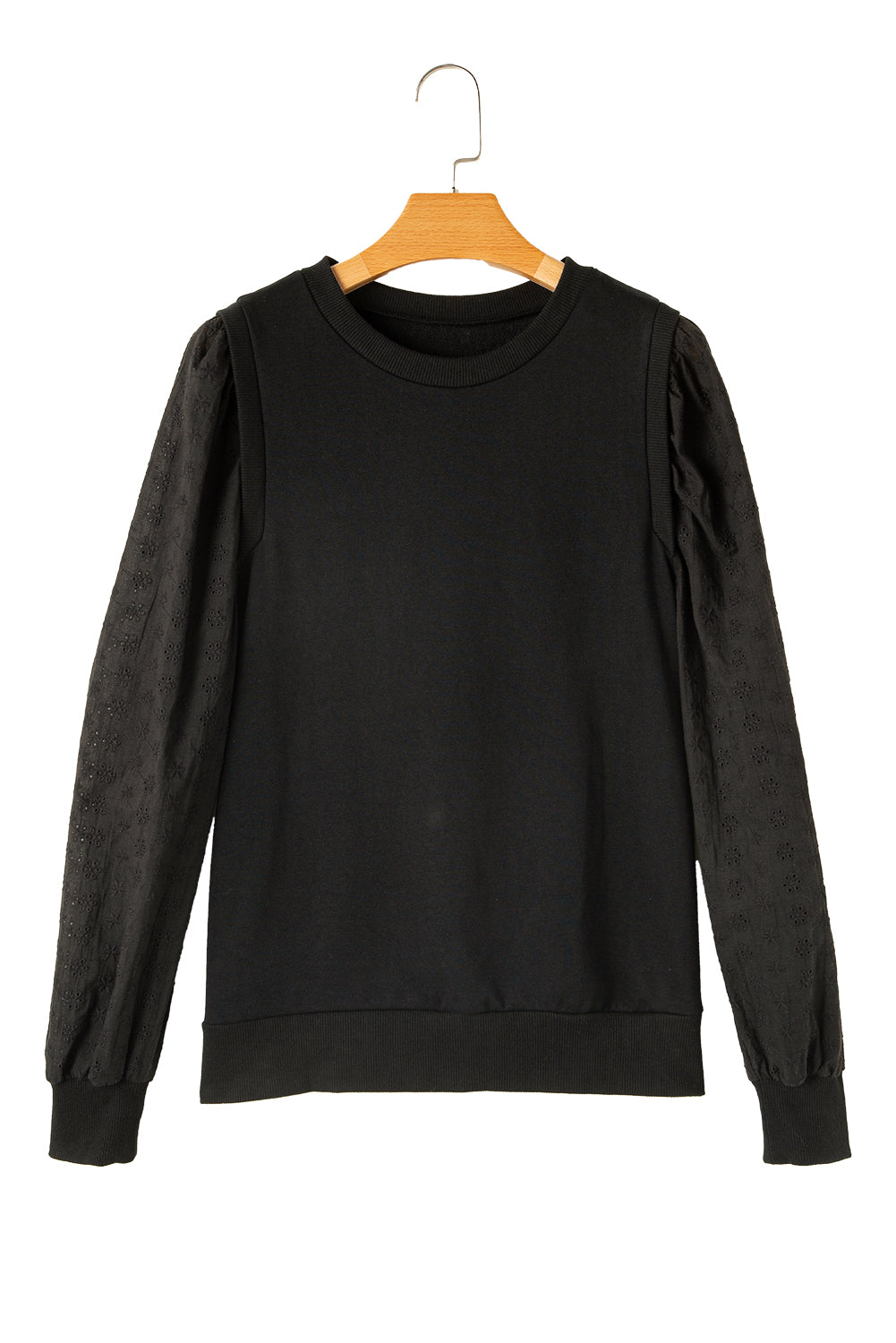 Black Eyelet Embroidered Patchwork Sleeve Ribbed Sweatshirt