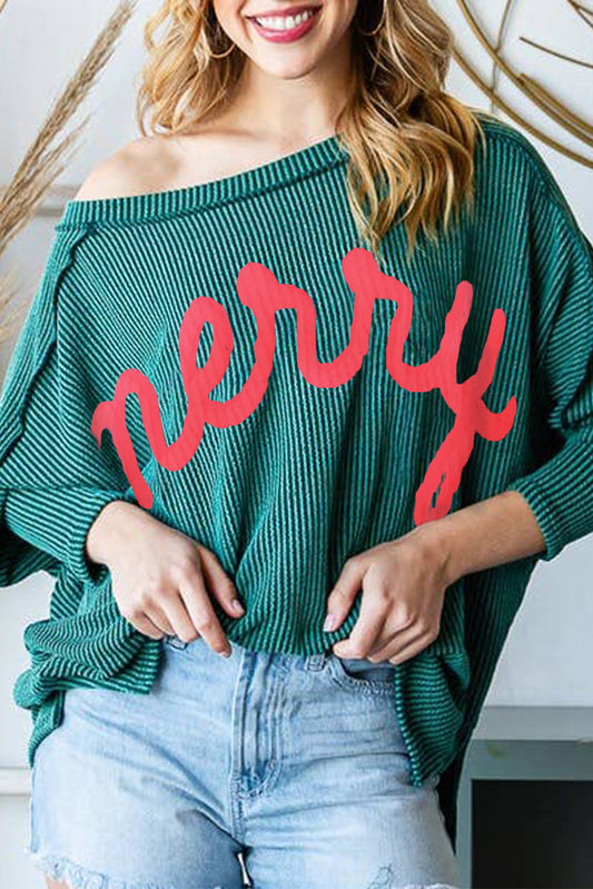 Green Merry Graphic Corded Batwing Sleeve Knit Top