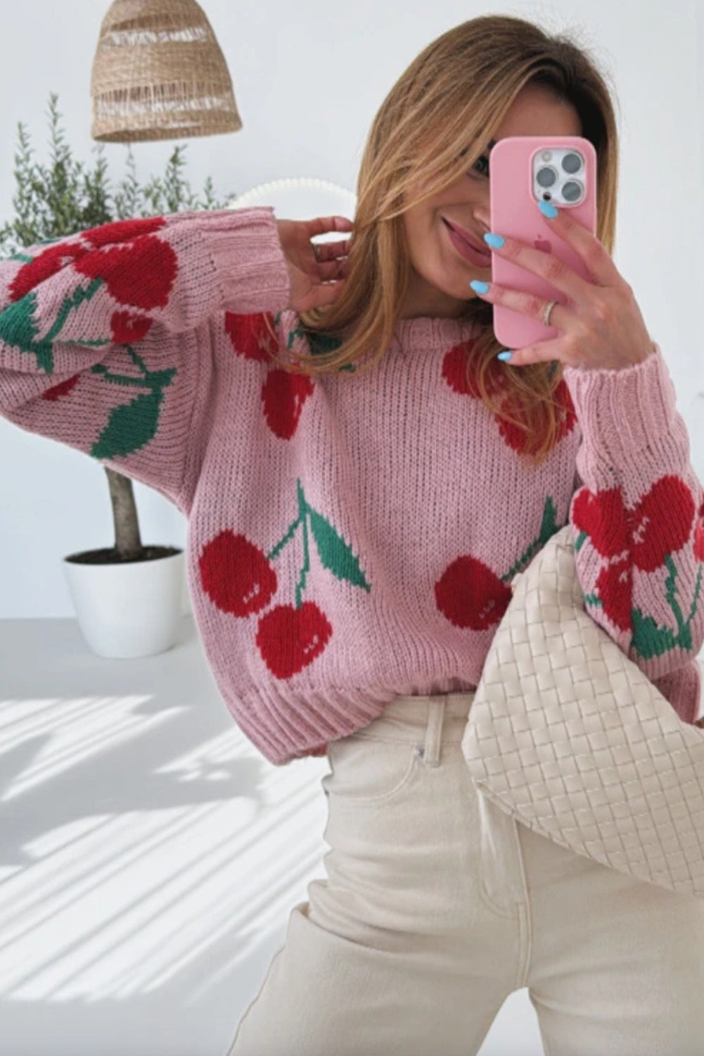 Cherry Print Round Neck Knit Sweater