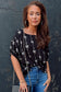 Striped Puff Sleeve Blouse with Black Bow Print