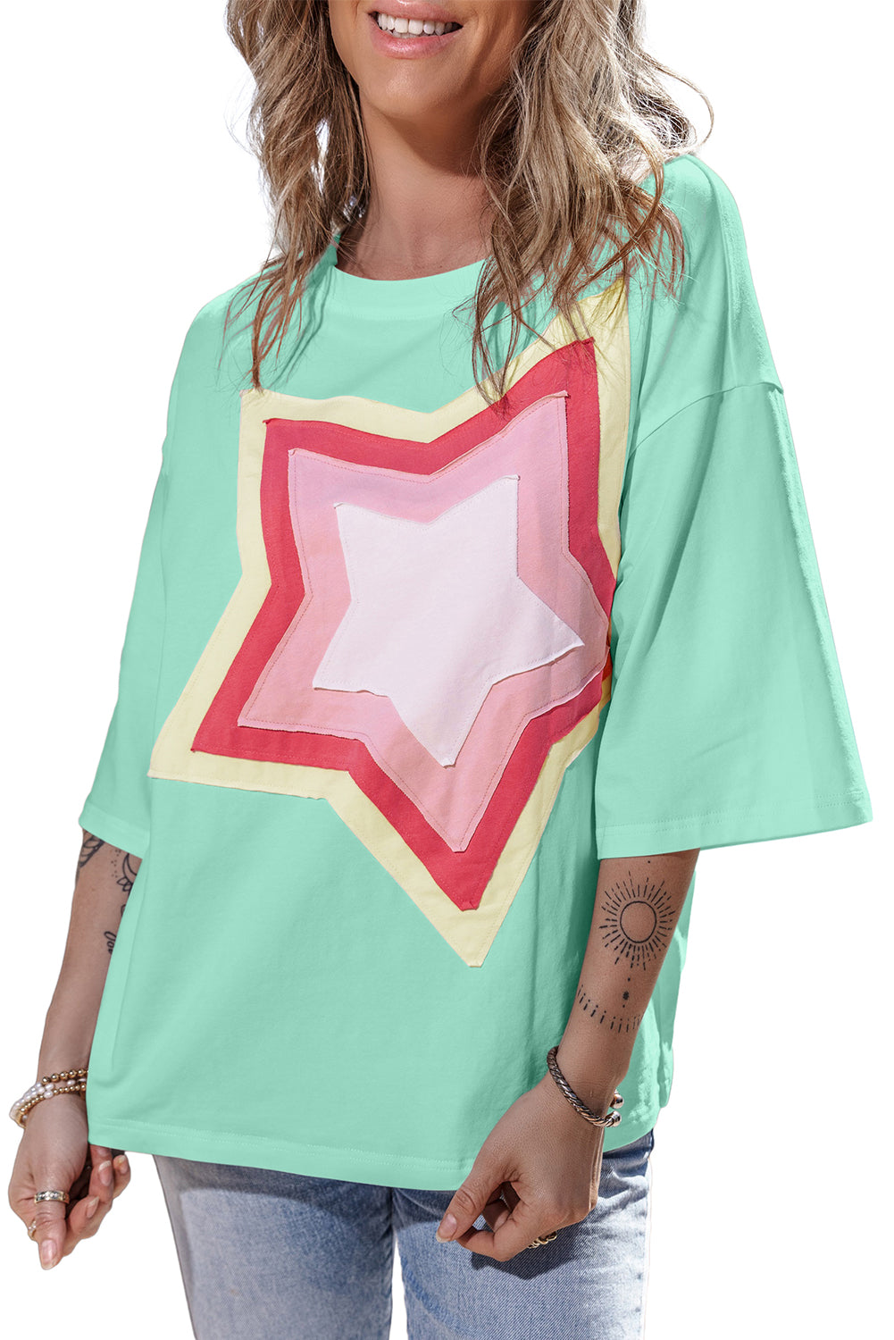 Moonlight Jade Colorblock Star Patched Half Sleeve Oversized Tee