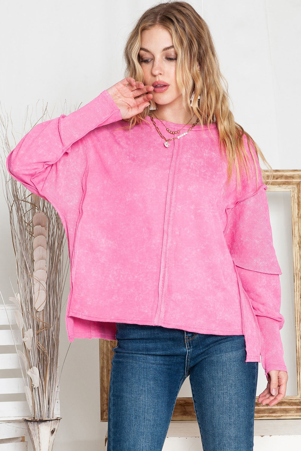 Rose Drop Sleeve Exposed Seam Pullover Sweatshirt