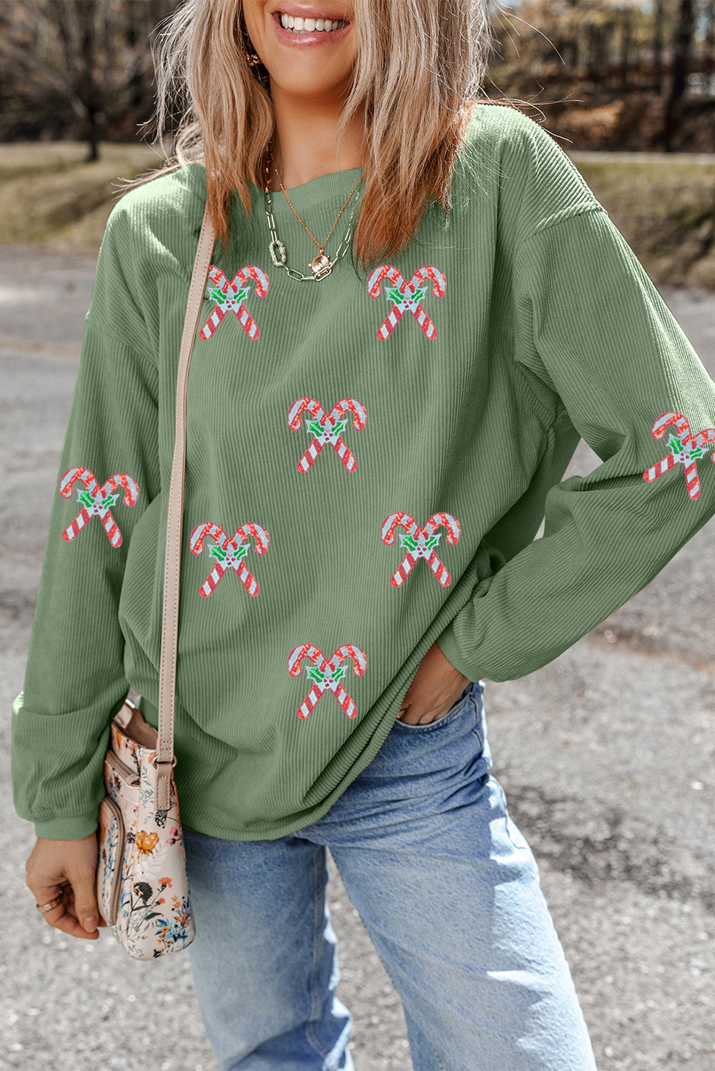 Green Candy Cane Patch Application Corded Baggy Sweatshirt