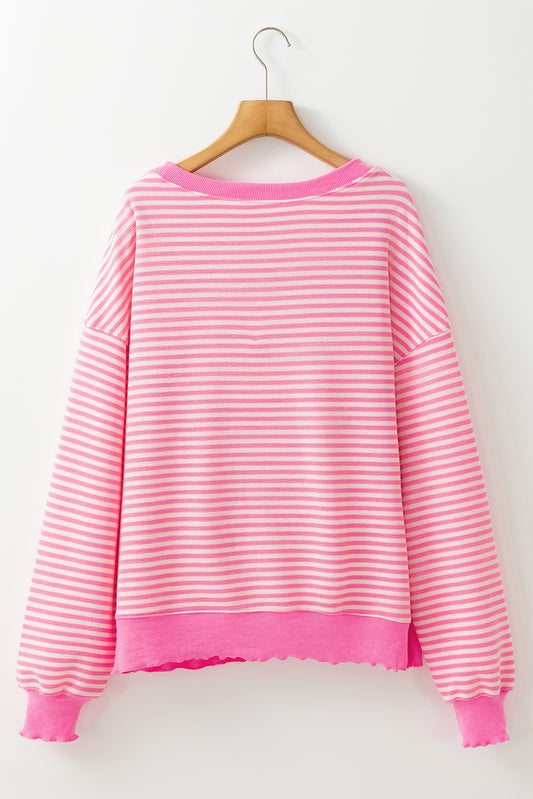 Pink Stripe Santa Claus Print Drop Shoulder Long Sleeve Loose Top