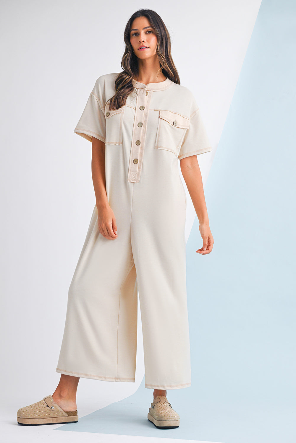 Patchwork Pocket Short Sleeve Jumpsuit