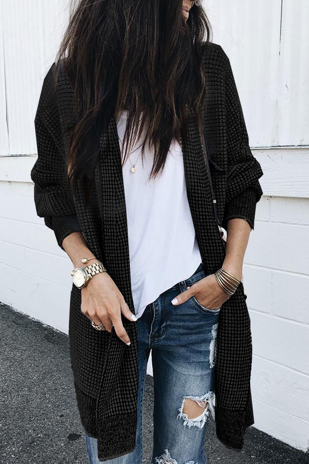 Rose Plaid Contrast Trim Casual Knit Long Cardigan