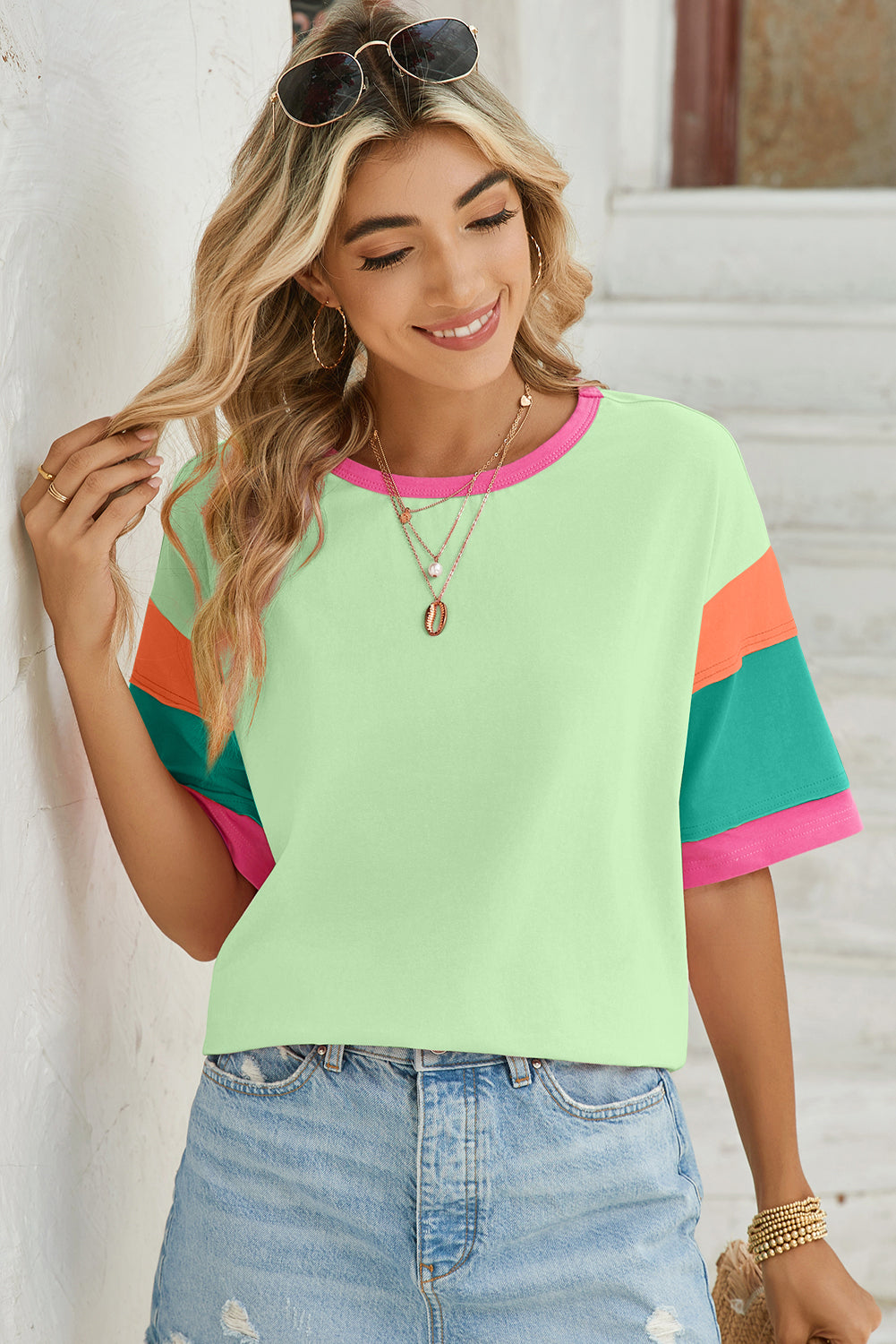 Pink Color Block Sleeve Round Neck Oversize Top