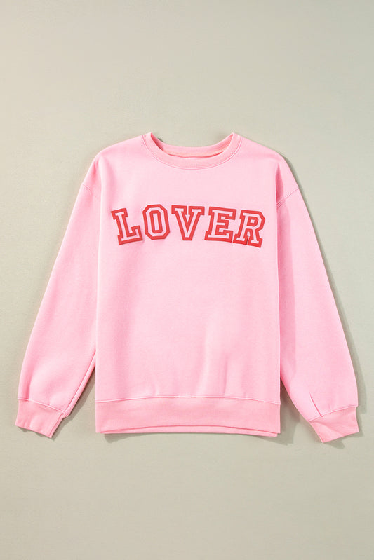 Pink LOVER Letter Graphic Drop Shoulder Pullover Sweatshirt