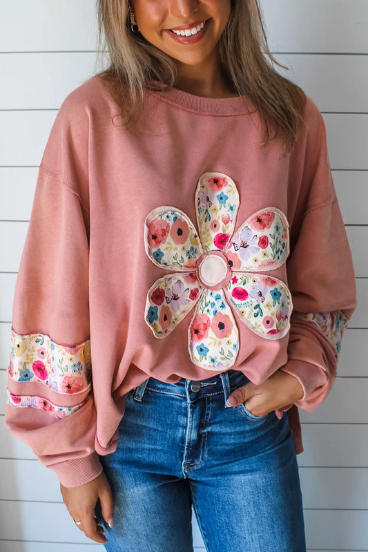 Peach Flower Applique Patchwork Drop Sleeve Pullover Sweatshirt