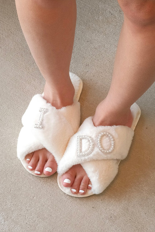 "I Do" Pearl Cross Band Fuzzy Slippers