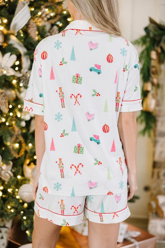 White Christmas Short Sleeve Shirt and Shorts Loungewear Set