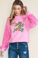 Pink Holly Jolly Sequins Patch Drop Shoulder Patchwork Long Sleeve Top