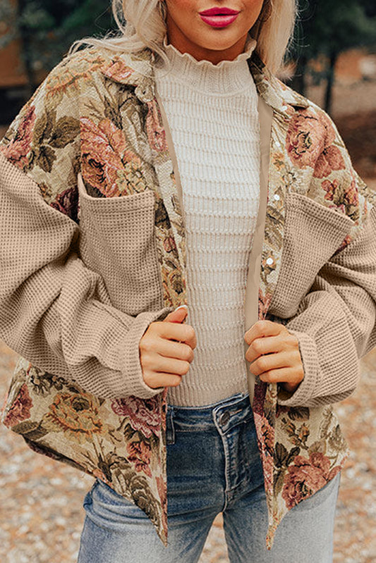 Floral Waffle Knit Patchwork Chest Pockets Buttoned Jacket