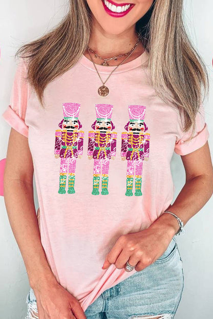 Pink Casual Glitter Nutcracker Graphic Round Neck Tee