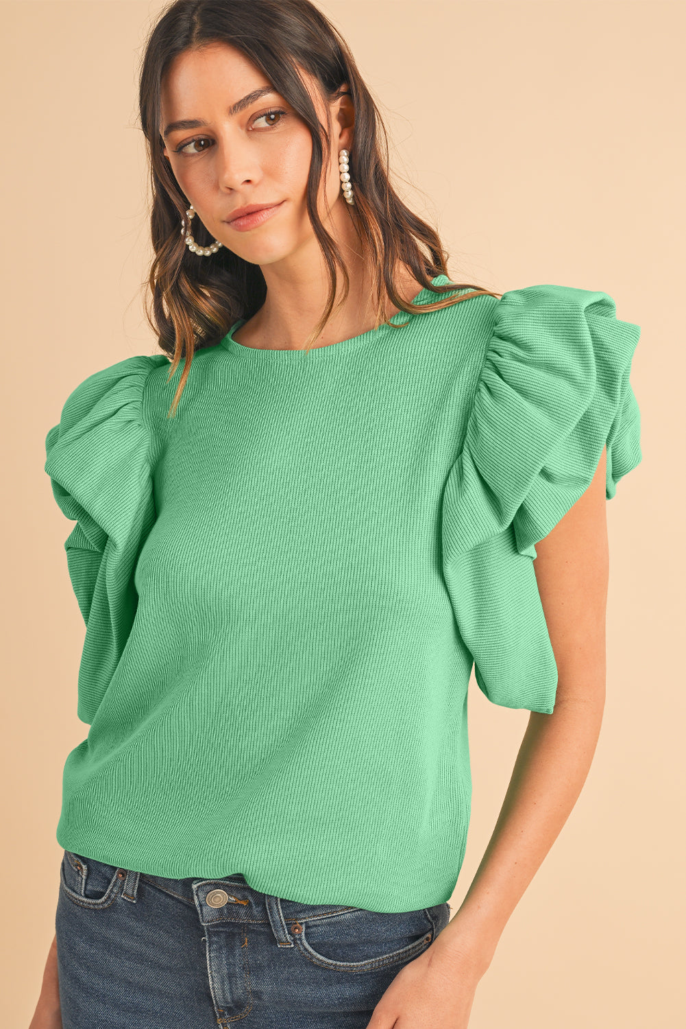 Green Solid Color Ruffle Sleeve Ribbed Blouse