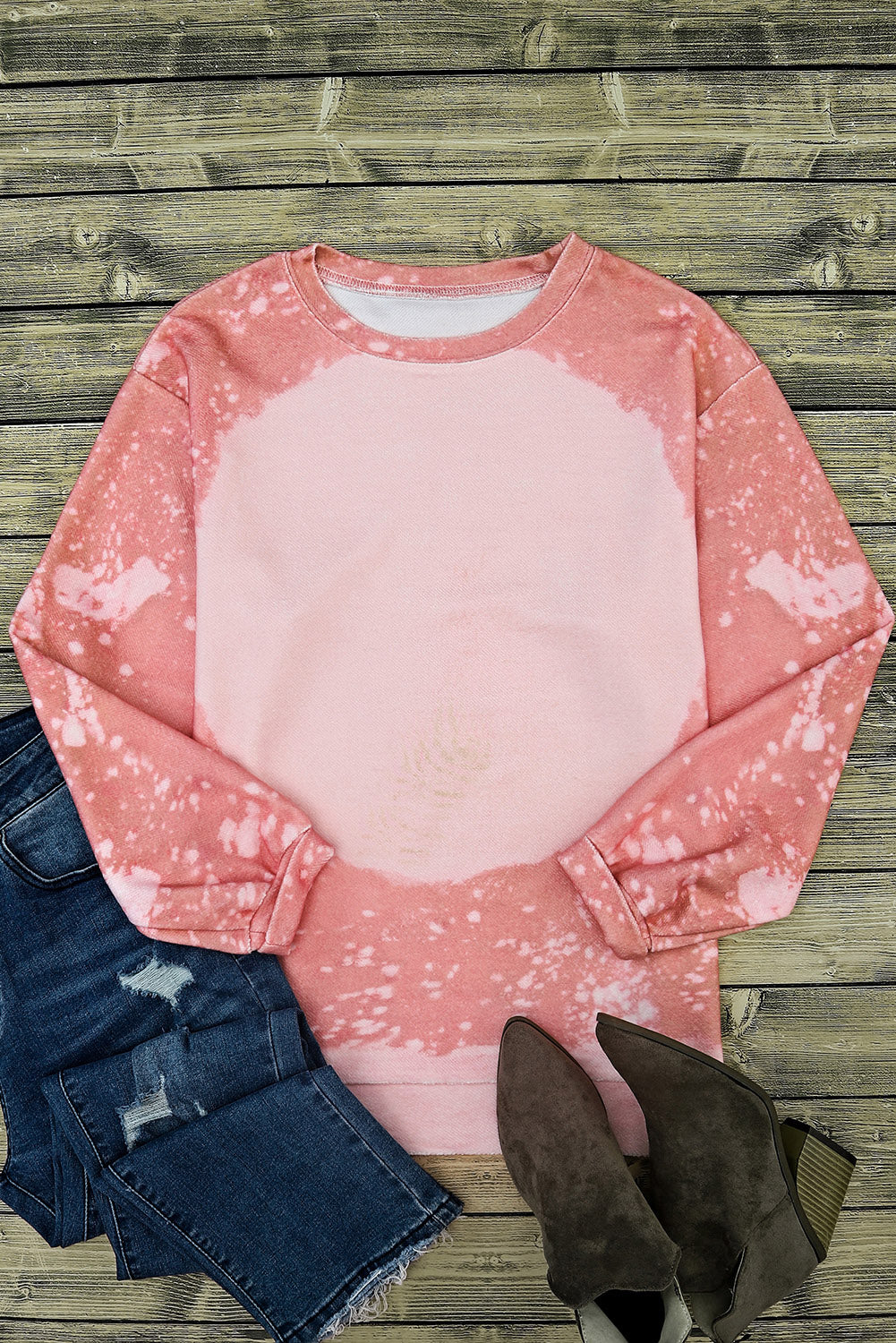 Pink Bleached Round Neck Pullover Sweatshirt