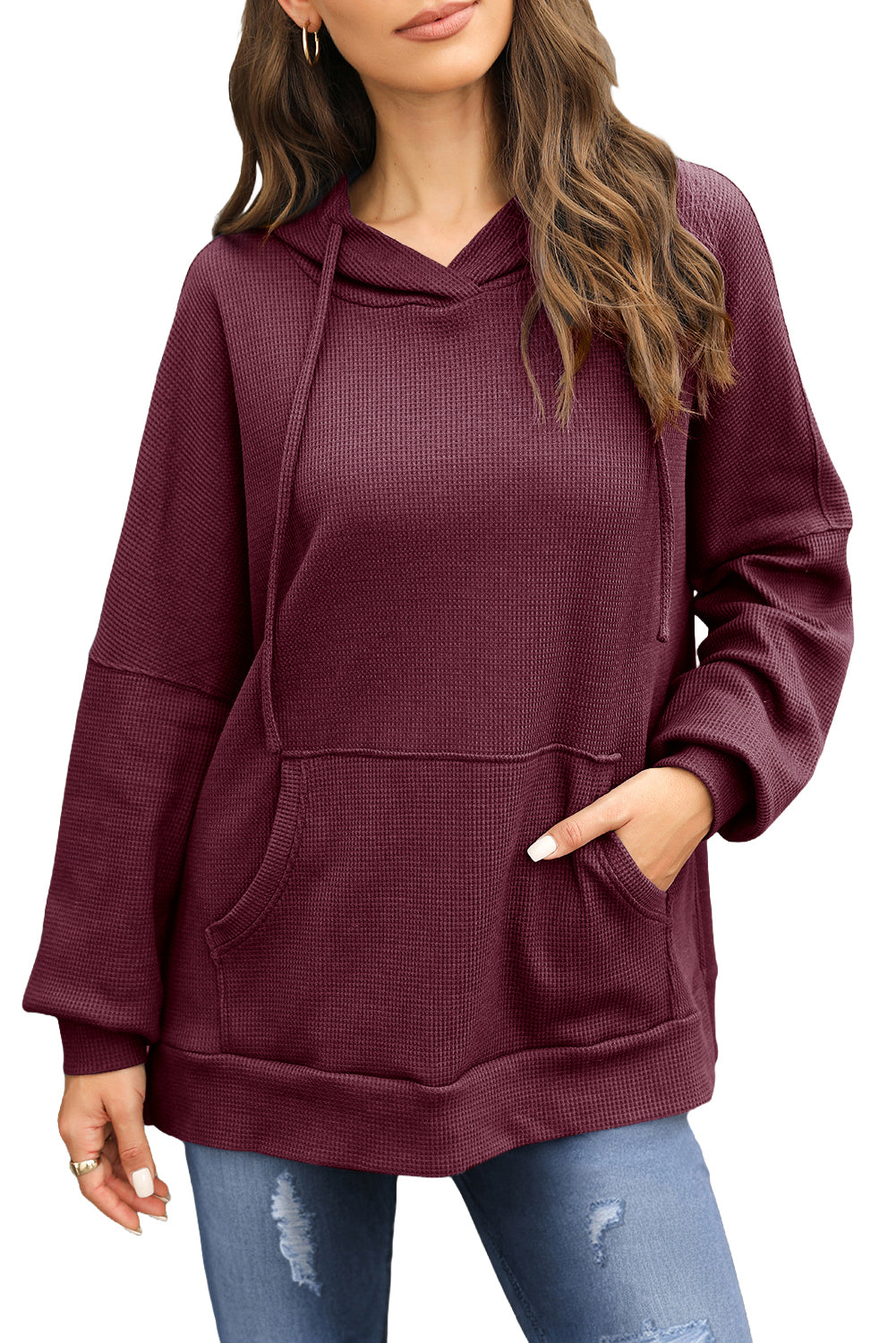 Red Dahlia Waffle Knit High Low Oversized Hoodie