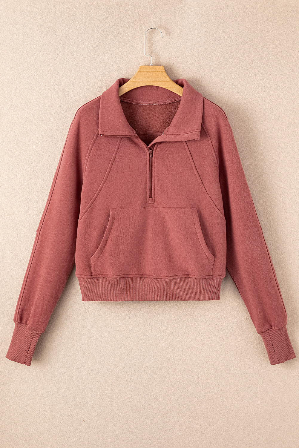 Brown Zip Up Stand Collar Thumbhole Sleeve Sweatshirt