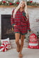 Red Plaid Contrast Patched Christmas Holiday Long Sleeve Shirt and Short Two Piece Pajama Set