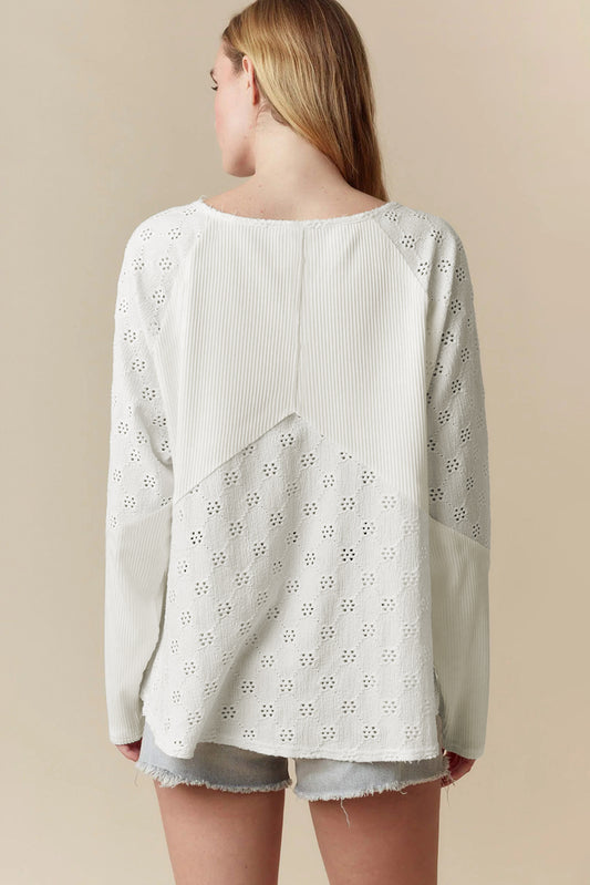 Embroidered Patchwork V-Neck Top – White