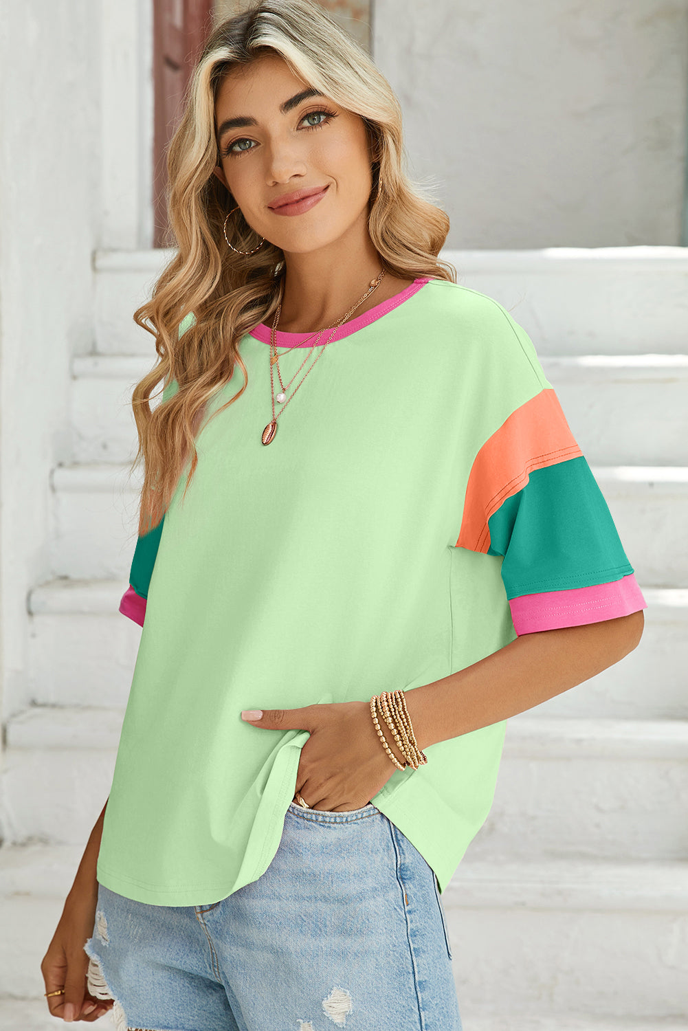 Pink Color Block Sleeve Round Neck Oversize Top