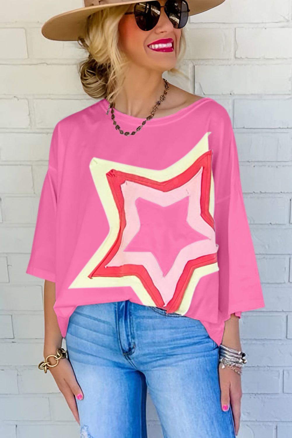 Moonlight Jade Colorblock Star Patched Half Sleeve Oversized Tee