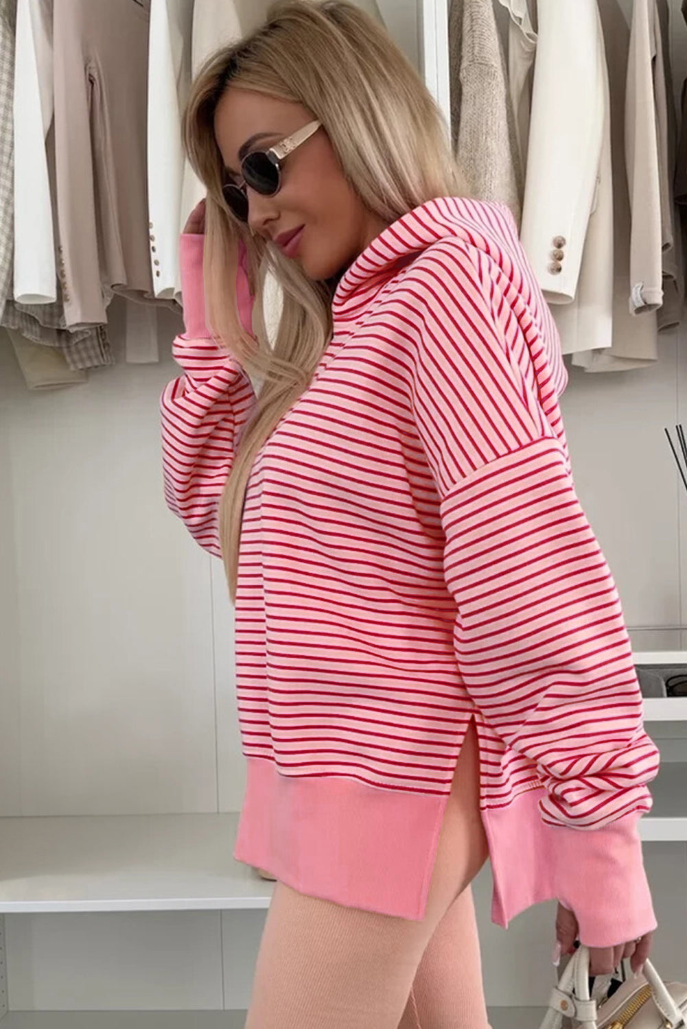 Rose Stripe Thumbhole Side Slits Drop Shoulder Loose Fit Hoodie