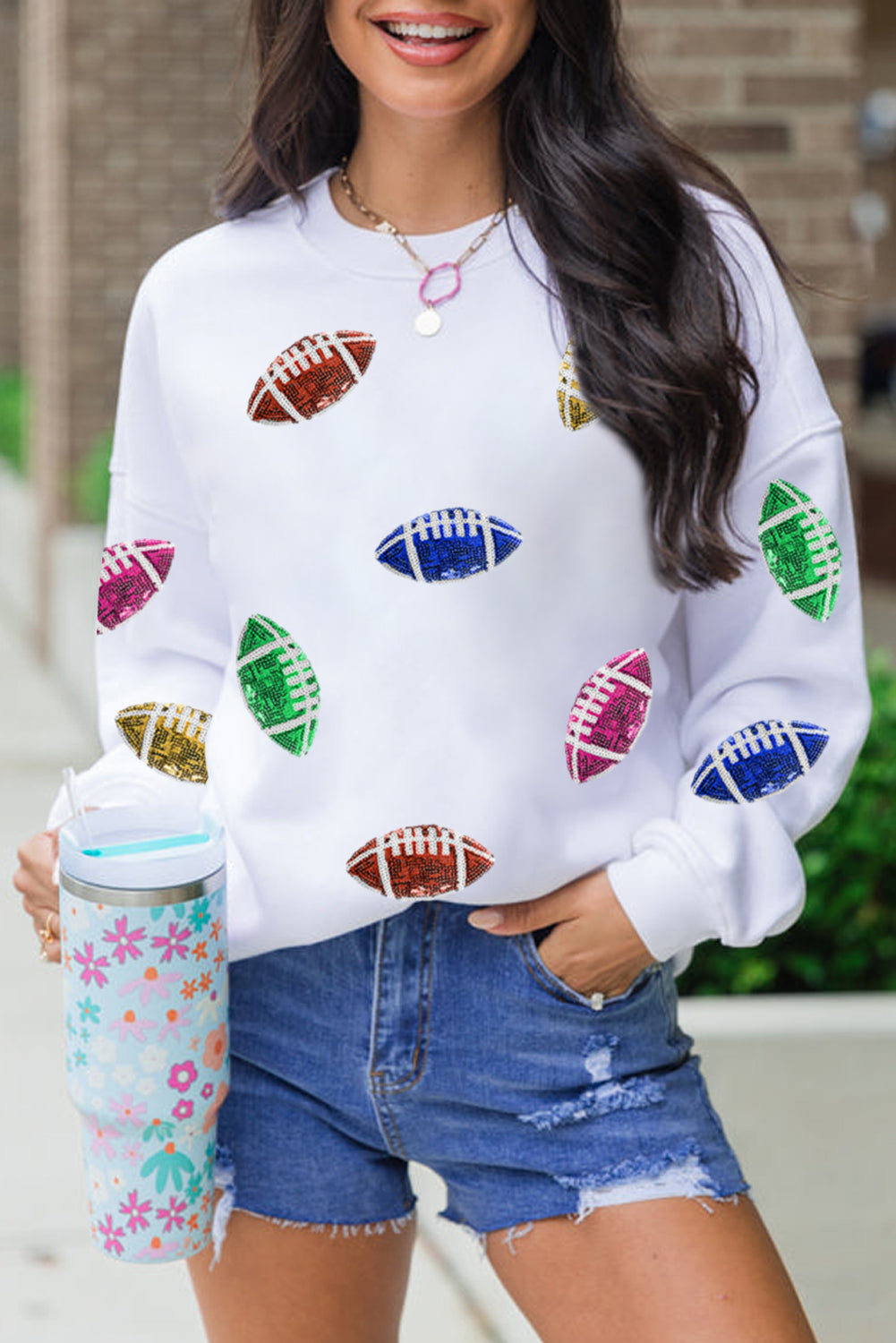 Beige Sequin Rugby Graphic Drop Sleeve Sweatshirt