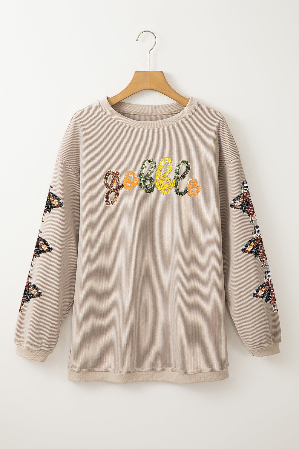 Smoke Gray Gobble Turkey Thanksgiving Sequined Patch Corded Baggy Sweatshirt