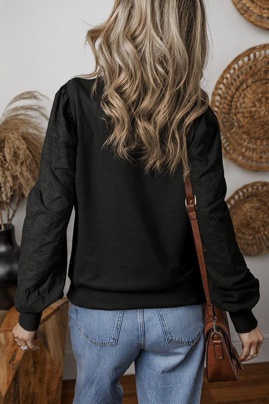 Black Eyelet Embroidered Patchwork Sleeve Ribbed Sweatshirt