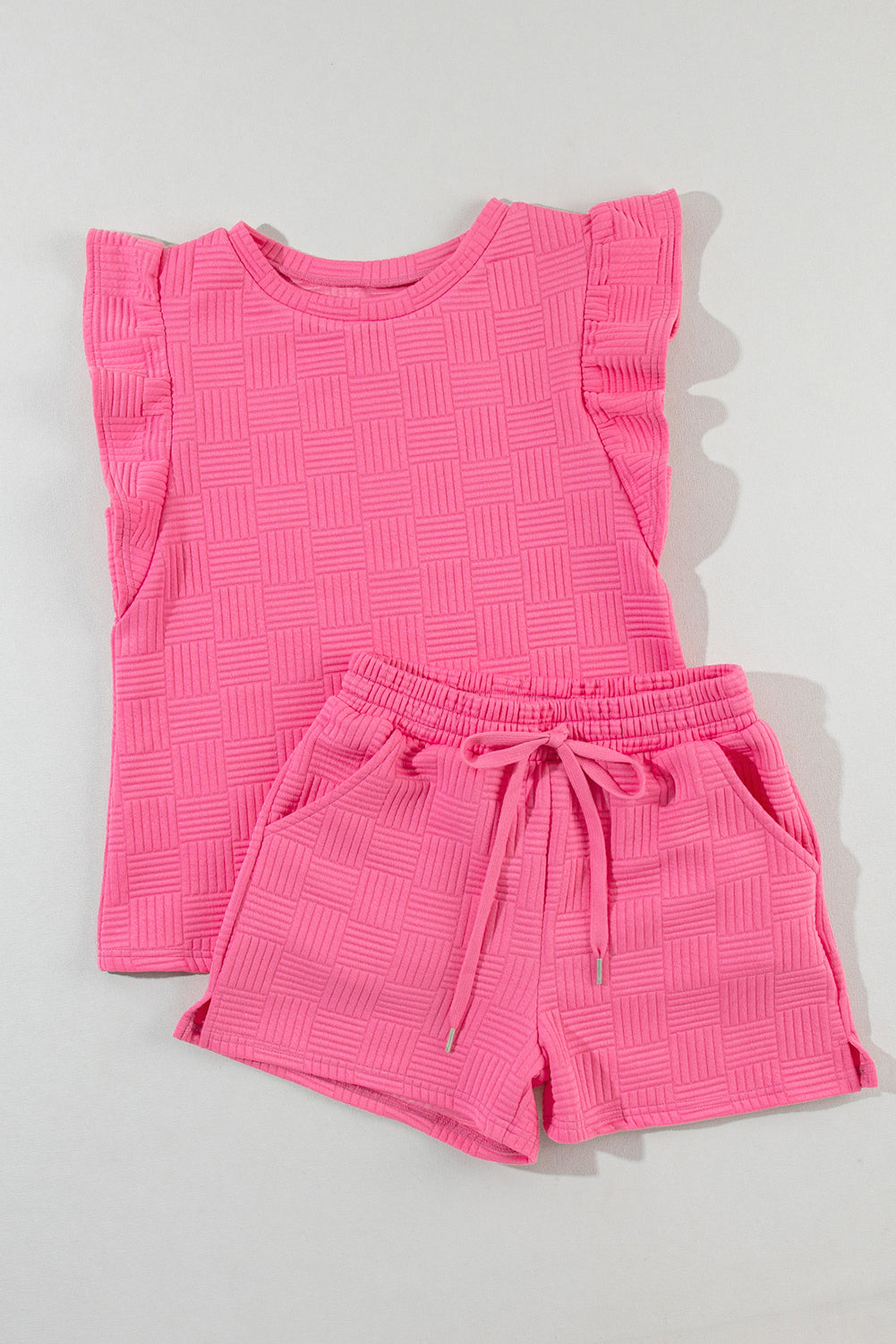 Pink Textured Ruffled Sleeve Tee and Drawstring Elastic Waistband Shorts Set