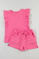Pink Textured Ruffled Sleeve Tee and Drawstring Elastic Waistband Shorts Set
