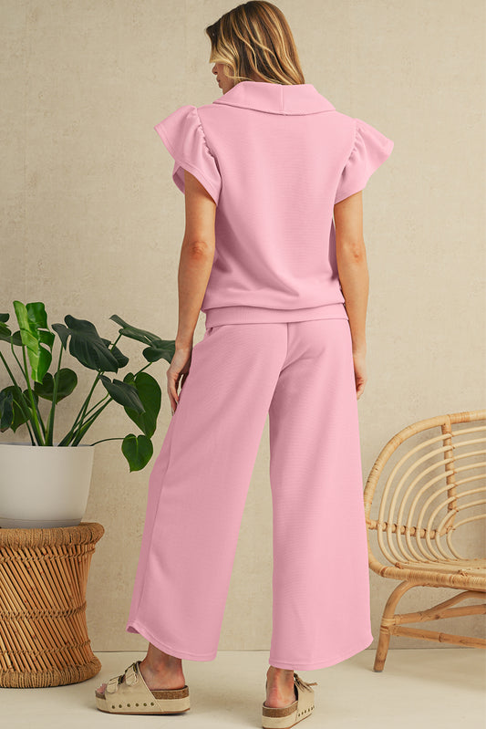 Textured Ruffle Sleeve Zip Top & Wide-Leg Pants Set
