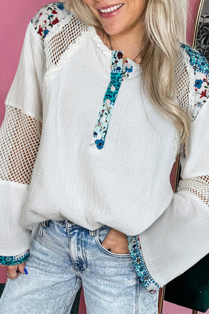 White Floral Mesh Patched Color Block Half Button Blouse