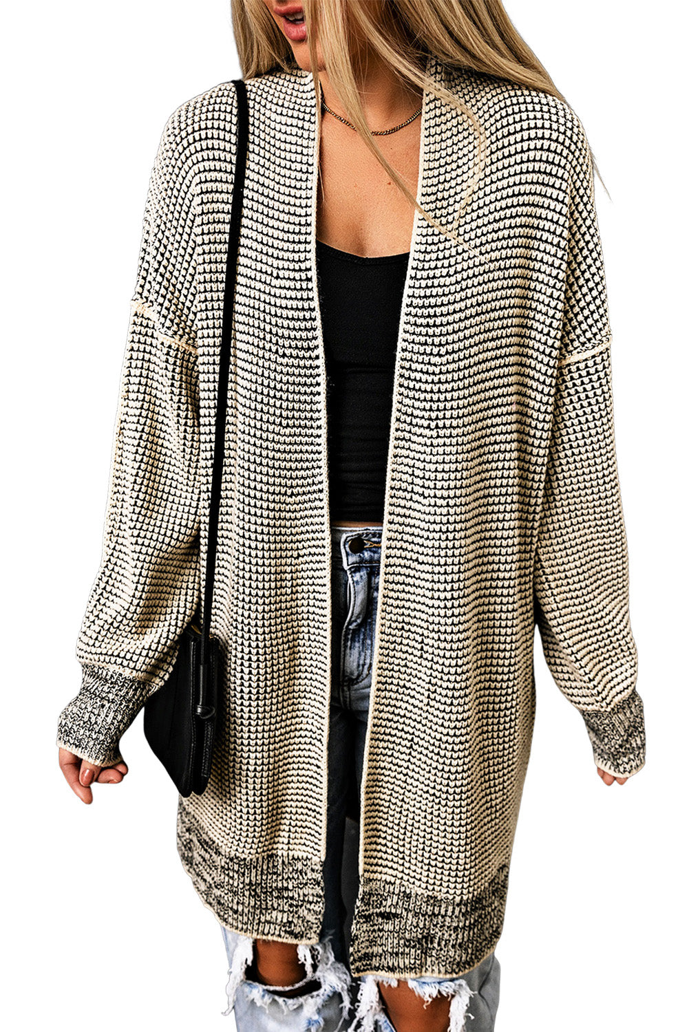 Rose Plaid Contrast Trim Casual Knit Long Cardigan