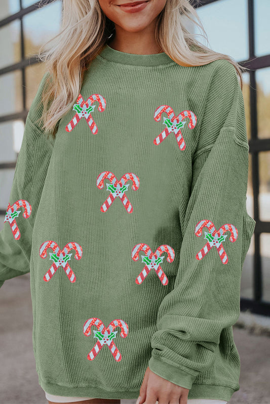 Green Candy Cane Patch Application Corded Baggy Sweatshirt