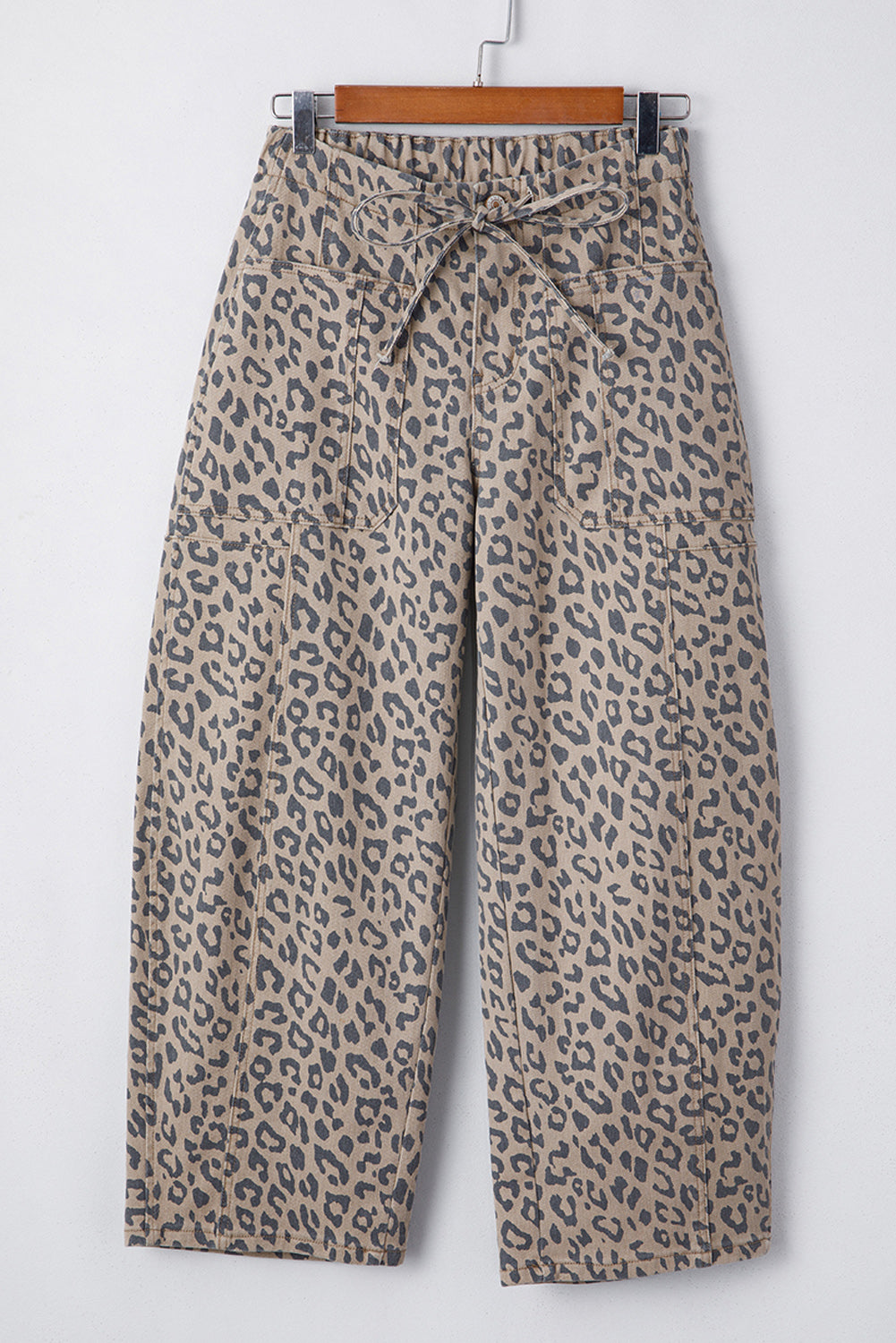 Leopard Print Wide-Leg Jeans with Drawstring Waist & Side Pockets
