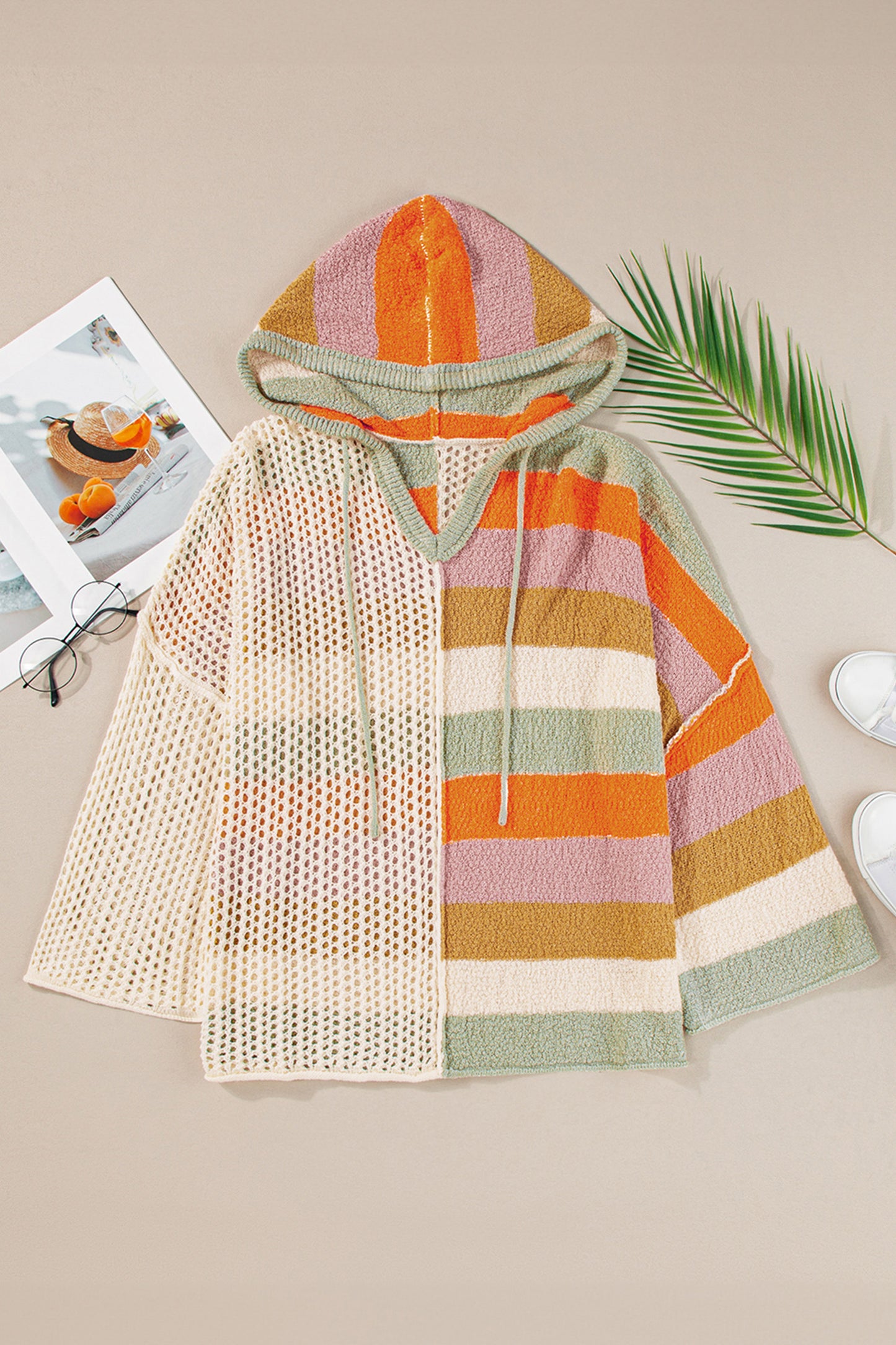 Beige Oversized Colorblock V-Neck Hooded Sweater