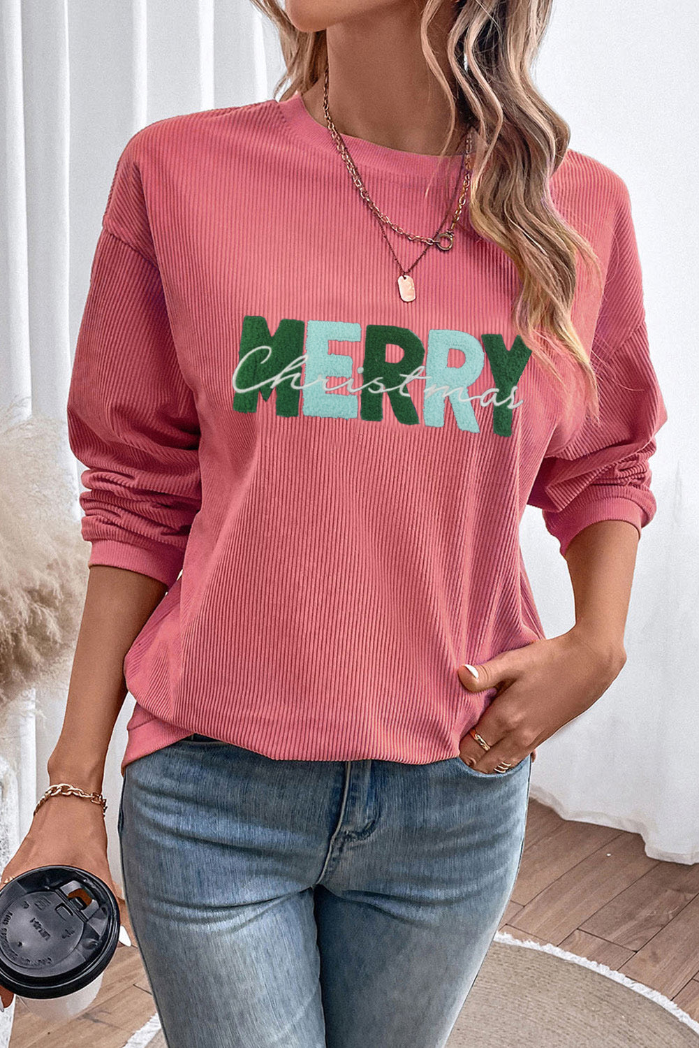 Strawberry Pink MERRY Christmas Corded Graphic Sweatshirt